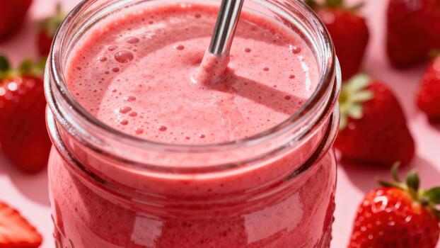 Refreshing strawberry beverage swirls within a clear glass jar surrounded by fresh fruit photo