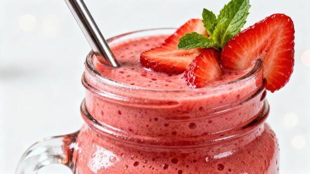 Refreshing pink fruit beverage garnished with fresh slices and herb sits inside glass container photo