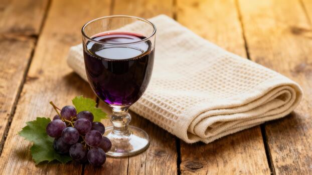 Dark beverage in a stemmed glass rests beside a cluster of ripe grapes on a rustic wooden surface photo
