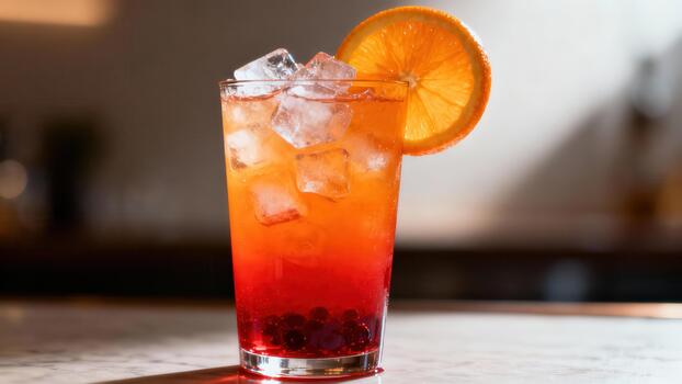 Tall glass filled with layered cold beverage garnished with citrus slice and ice cubes sits on counter photo