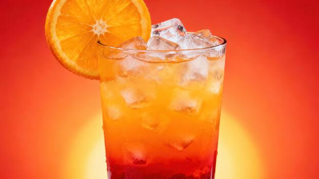 Layered tropical fruit beverage with citrus garnish sits against a vivid gradient background photo