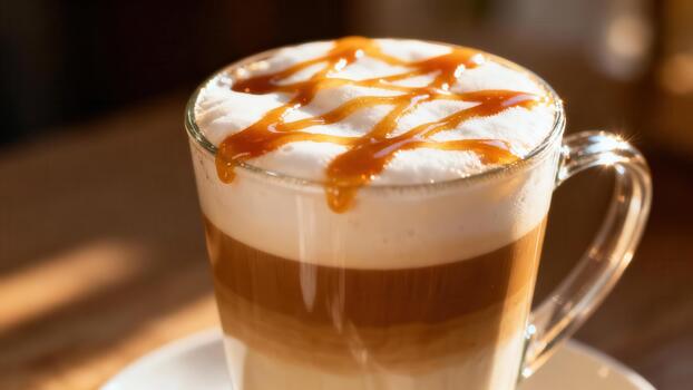Layered hot beverage with whipped topping and sweet syrup is displayed in clear glassware photo