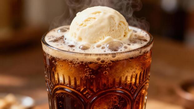 Chilled carbonated beverage topped with a melting sphere of frozen dairy dessert froths in a patterned glass. photo