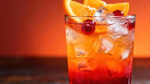 Refreshing iced beverage with layered citrus and berry components glows against an orange backdrop photo
