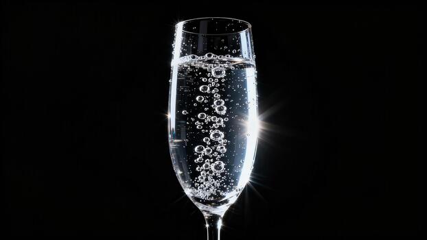 Tall clear glass filled with effervescent clear liquid stands out against a stark black background photo