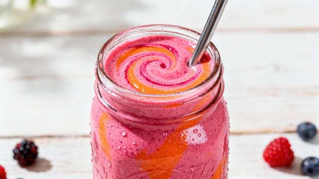 Chilled fruit beverage shows colorful swirl pattern inside glass container with metal straw photo