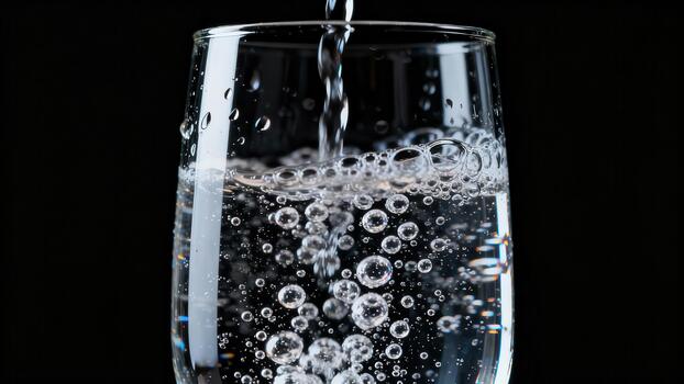 Liquid substance streams into a clear glass causing numerous effervescent bubbles to form against a dark background photo