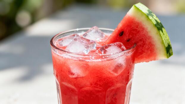 Chilled ruby red refreshment garnished with a fresh fruit slice sits in bright sunlight photo