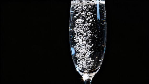 Effervescent bubbles rise through clear liquid inside a tall glass against a deep black background photo