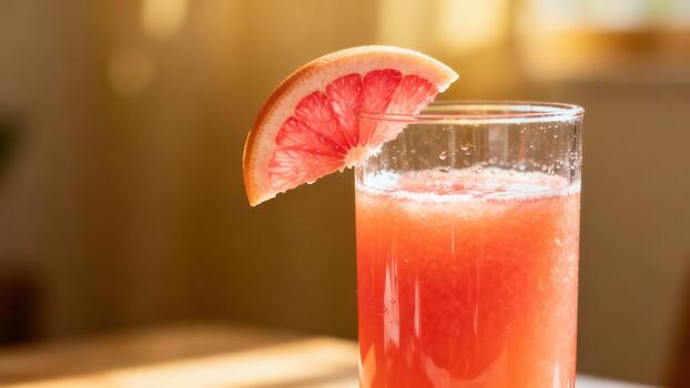 Chilled ruby red beverage garnished with a slice of citrus fruit sits in sunlight photo