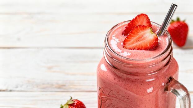 Refreshing strawberry smoothie served in a handled glass jar with fresh fruit garnish on a light wooden surface photo