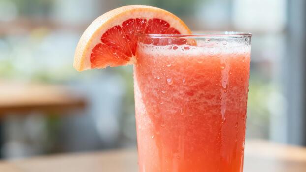 Tall glass of refreshing pink citrus beverage garnished with a fruit slice rests on a surface photo