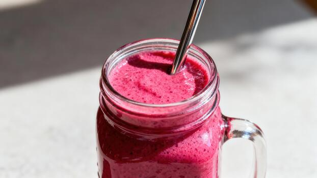 Deep magenta colored blended beverage sits in a handled glass container illuminated by bright sunlight. photo