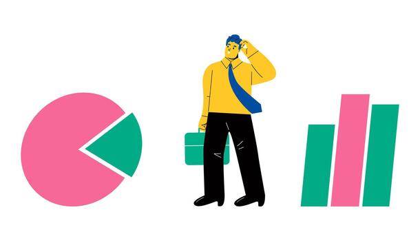 negocio hombre analizando bar y tarta cuadro. analítica, Estadísticas, investigación datos, negocio análisis. plano ilustración aislado en blanco antecedentes vector