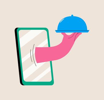 Smartphone with food serving tray in hand. Colorful illustration vector