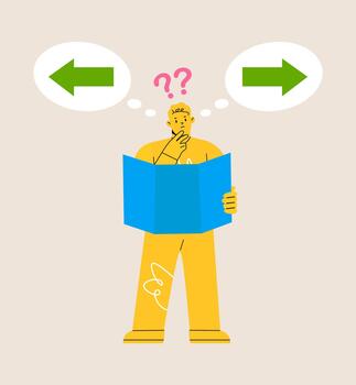 Man looking map confusing choose way. Colorful illustration vector