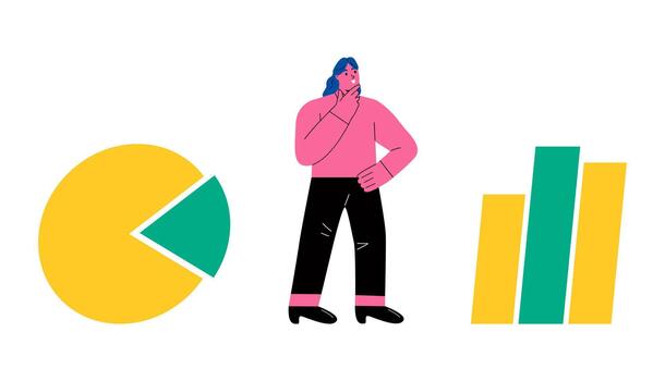 negocio mujer analizando bar y tarta cuadro. analítica, Estadísticas, investigación datos, negocio análisis. plano ilustración aislado en blanco antecedentes vector