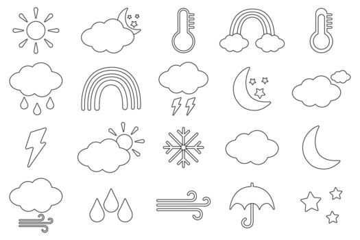 A set of editable black and white linear weather forecast icons. Meteorology. Template for mobile app, web and widgets. vector