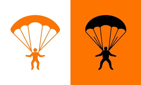 Silhouette of a skydiver descending with an open parachute against a split background vector