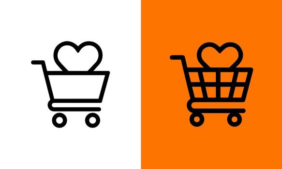 Two simplified shopping cart icons one with a heart inside on a white background and another on an orange background vector
