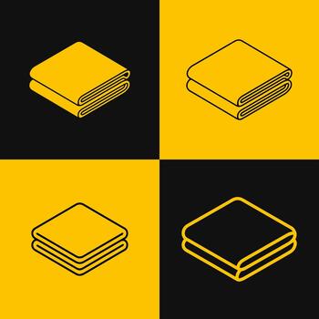 Isometric illustration of stacked folded fabric or textiles in four distinct color block arrangements vector