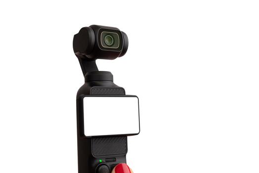 Close-up of compact camera with blank display on white background, ideal for mockups, design templates and technology concepts photo