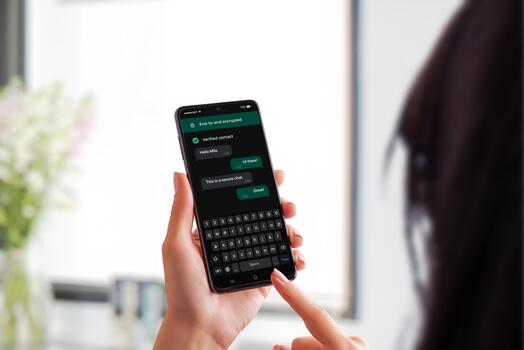 Secure messaging app on smartphone with end-to-end encryption and verified contact, illustrating private communication and data protection photo