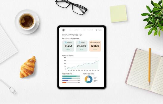 Tablet with company analytics dashboard, coffee, croissant, and notebook on white desk, representing digital marketing performance and data visualization concept photo