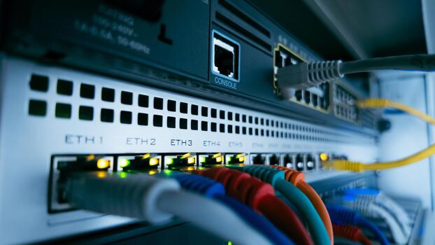 Network cables and glowing lights on professional data switch, representing information flow, digital connectivity, and secure technology infrastructure concept photo