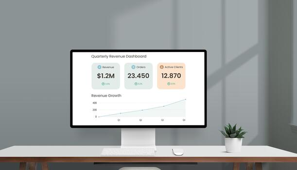 Modern computer monitor displaying a quarterly revenue dashboard with charts, key metrics, and financial growth analytics in a bright office workspace environment photo