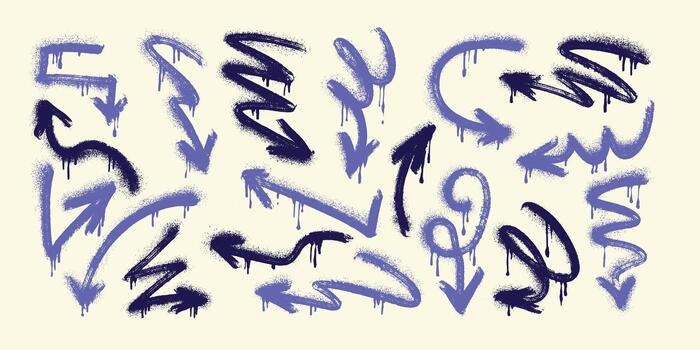Spray Grunge Arrows. Hand-drawn set of doodle arrow icons. Freehand curved lines and pointers. Scribbled arrows for infographics. Freehand sketches of thin, spring arrows with loops and abstract vector
