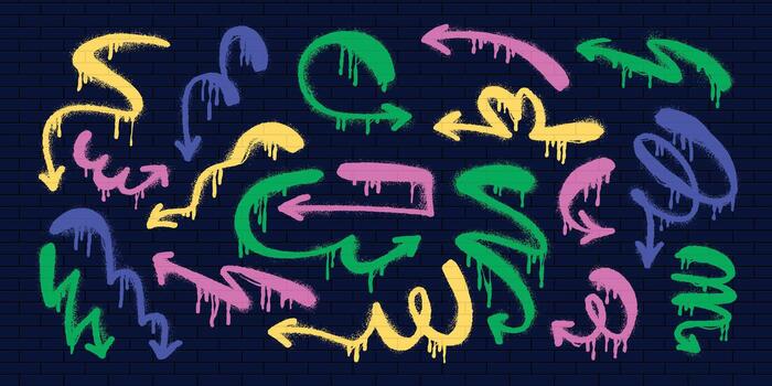 Playful Grunge Arrows. Hand-drawn set of doodle arrow icons. Freehand curved lines and pointers. Scribbled arrows for infographics. Freehand sketches of thin, spring arrows with loops and abstract vector