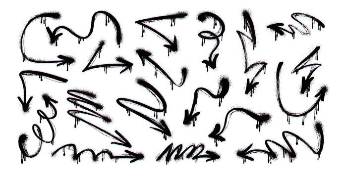 Black and White Grunge Arrows. Hand-drawn set of doodle arrow icons. Freehand curved lines and pointers. Scribbled arrows for infographics. Freehand sketches of thin, spring arrows with loops and vector