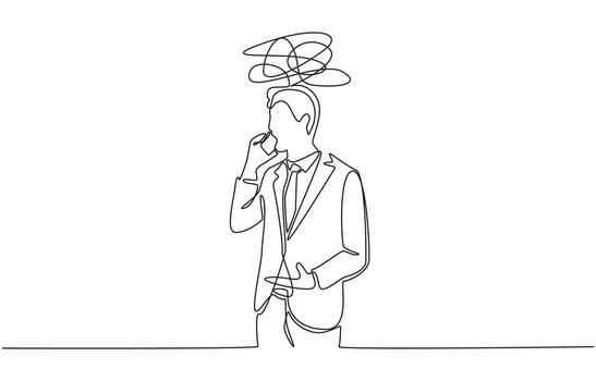 Continuous one line drawing of businessman talking on phone angrily, symbolizing stress, overthinking, or confusion in professional environment, single line art. vector