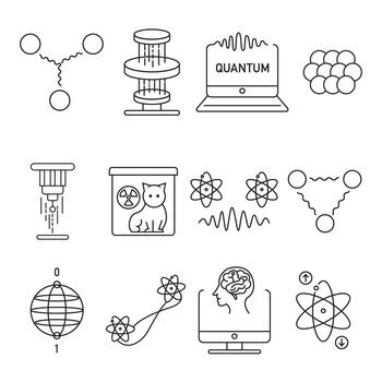 cuántico tecnología icono con chip, átomo, ola, Internet, seguridad vector