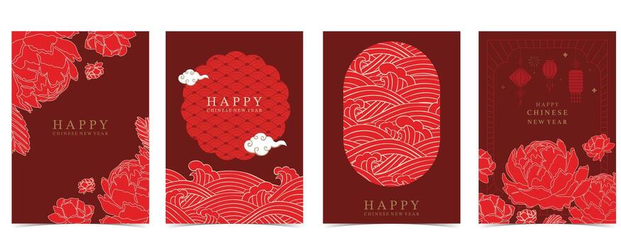 Chinese new year with peony,lantern,circle and minimal line frame on red background for postcard vector