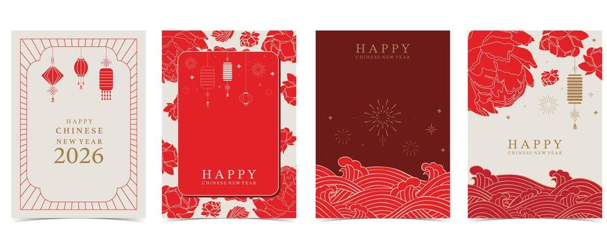 Chinese new year with peony,lantern and minimal line frame on red background for postcard vector