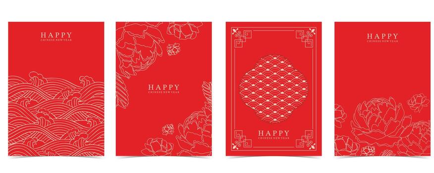 Chinese new year on red background with peony and minimal line frame vector