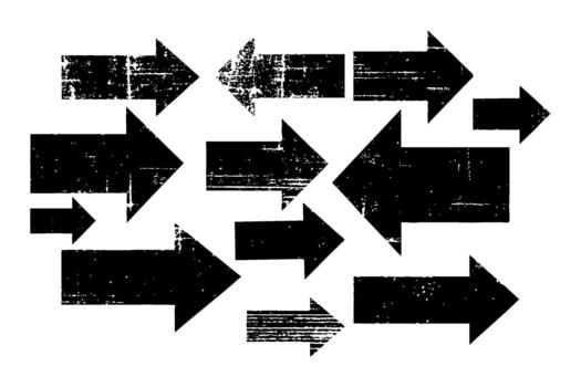 Grunge-style black arrows with distressed texture pointing in various directions on a plain white background, symbolizing confusion or choices vector