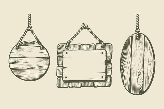 Three hanging wooden signs in different shapes, drawn in engraving style on beige background. Concept of rustic signage and retro design vector