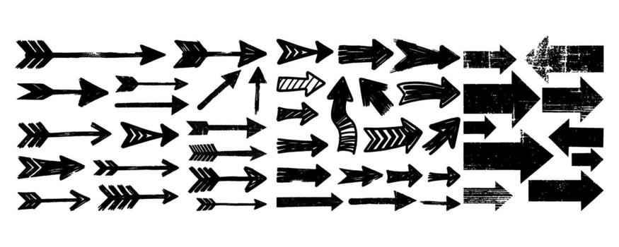 A diverse set of black grunge-style hand-drawn arrows in various shapes and orientations on a white background, symbolizing direction or motion vector
