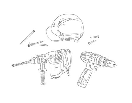 Powerful rotary hammer and regular drill set drawing in graphic style vector