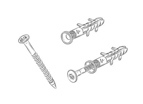 Dowel and screw composition drawing in graphic style on white background vector