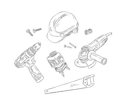 Powerful rotary hammer and regular drill set drawing in graphic style on white background vector