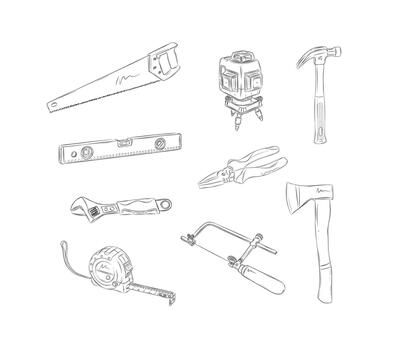 Repair tools set saw, hammer, laser and construction level, pliers, adjustable wrench, tape measure, axe drawing in graphic style on white background. vector