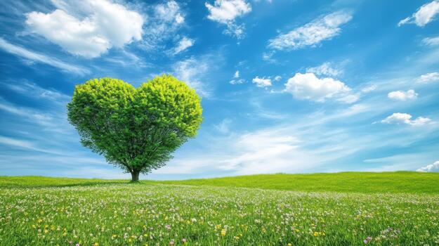 Heart Shaped Tree Stands in a Grassy Field on a Sunny Day photo