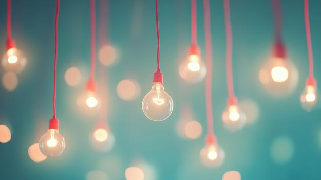 ligero bombillas colgar desde el techo con verde azulado antecedentes y rosado alambres foto