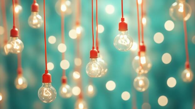 Lit Lightbulbs Hang on Red Cords Against a Turquoise Background photo