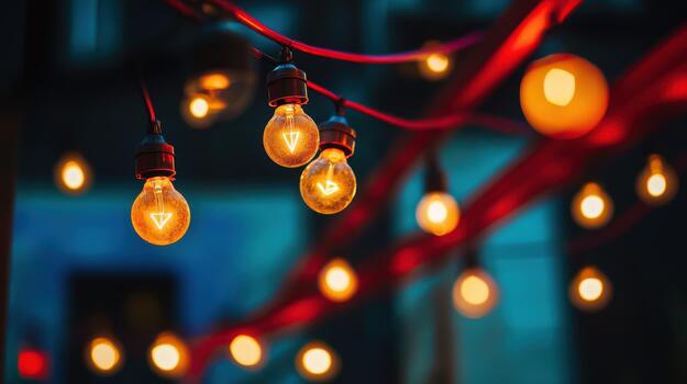 String Lights Glowing at Dusk in Outdoor Setting photo
