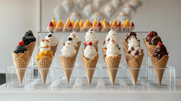 Assortment of Ice Cream Cones Displayed on Multi Tiered Acrylic Stand photo